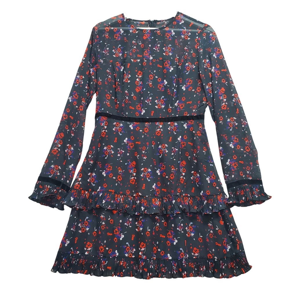 Lulus Floral Mini Dress Womens Medium Black Red Blue  Ruffle Velvet Trim Cottage